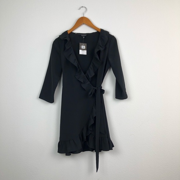 Topshop Women Black Wrap Around Ruffle Dress NEW - Picture 9 of 9